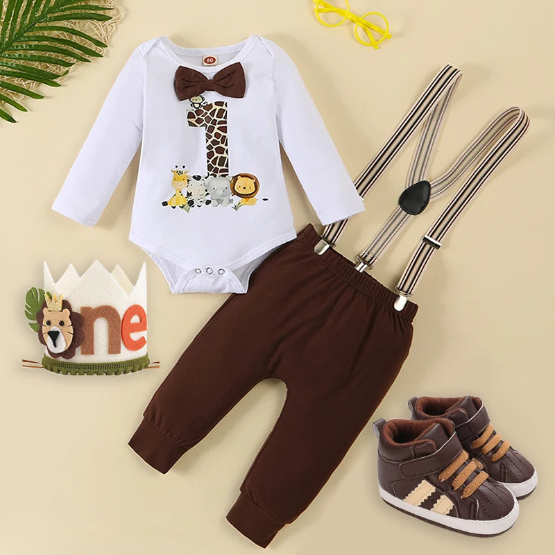 Baby My First Year Old Birthday Outfit for Cake Smash Photoshoot Suits Set Animal Newborn Romper Suspender Pants Infant Clothes