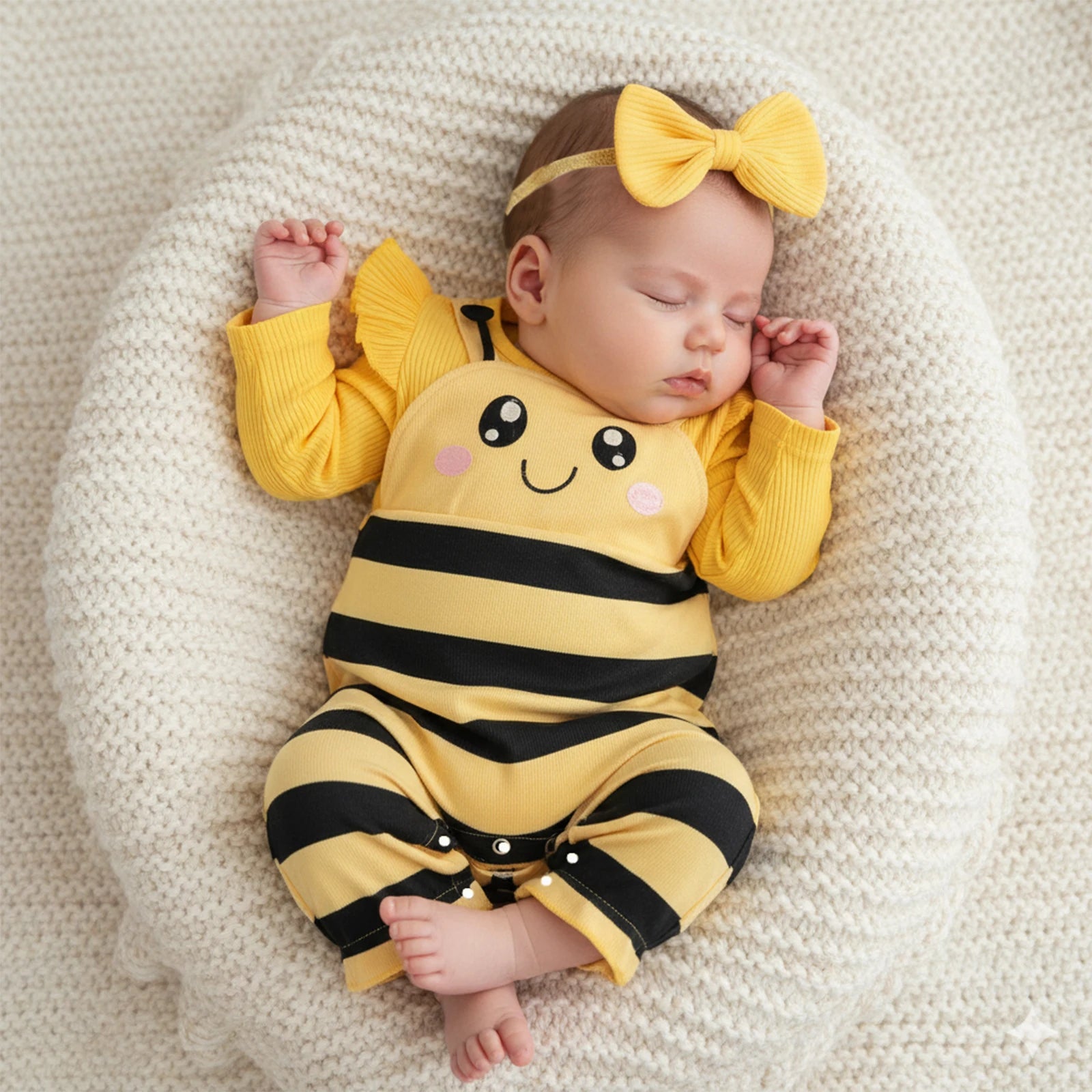 Tregren Infant Baby Girl Jumpsuit Spring Outfits Bee Themed Cute Crew Neck Long Sleeve Romper and Bow Headband 2 Pcs Set