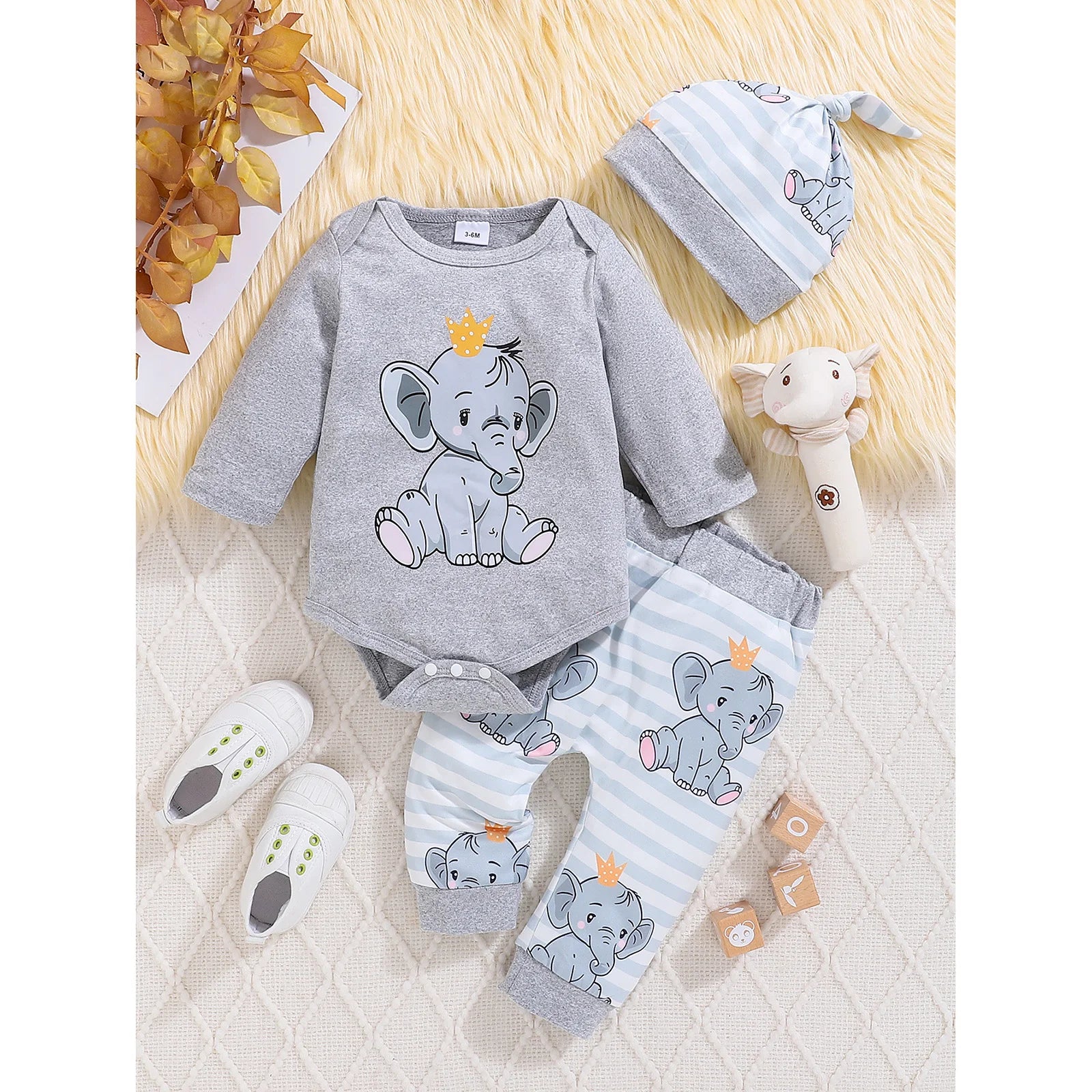 Citgeett Autumn Infant Baby Boys Girls Fall Outfits Long Sleeve Print Romper + Pants + Hat Set Spring Clothes