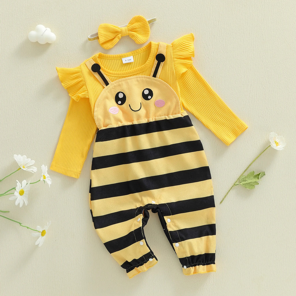 Tregren Infant Baby Girl Jumpsuit Spring Outfits Bee Themed Cute Crew Neck Long Sleeve Romper and Bow Headband 2 Pcs Set