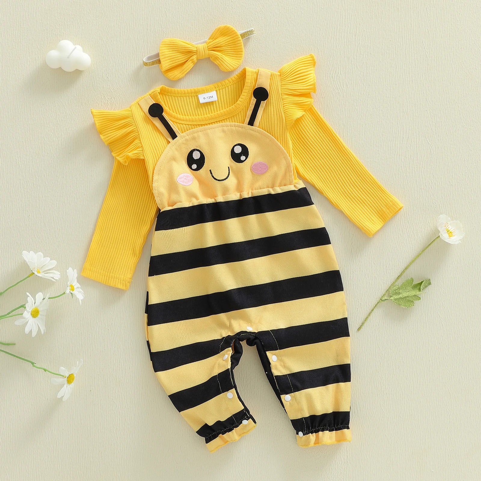 Tregren Infant Baby Girl Jumpsuit Spring Outfits Bee Themed Cute Crew Neck Long Sleeve Romper and Bow Headband 2 Pcs Set