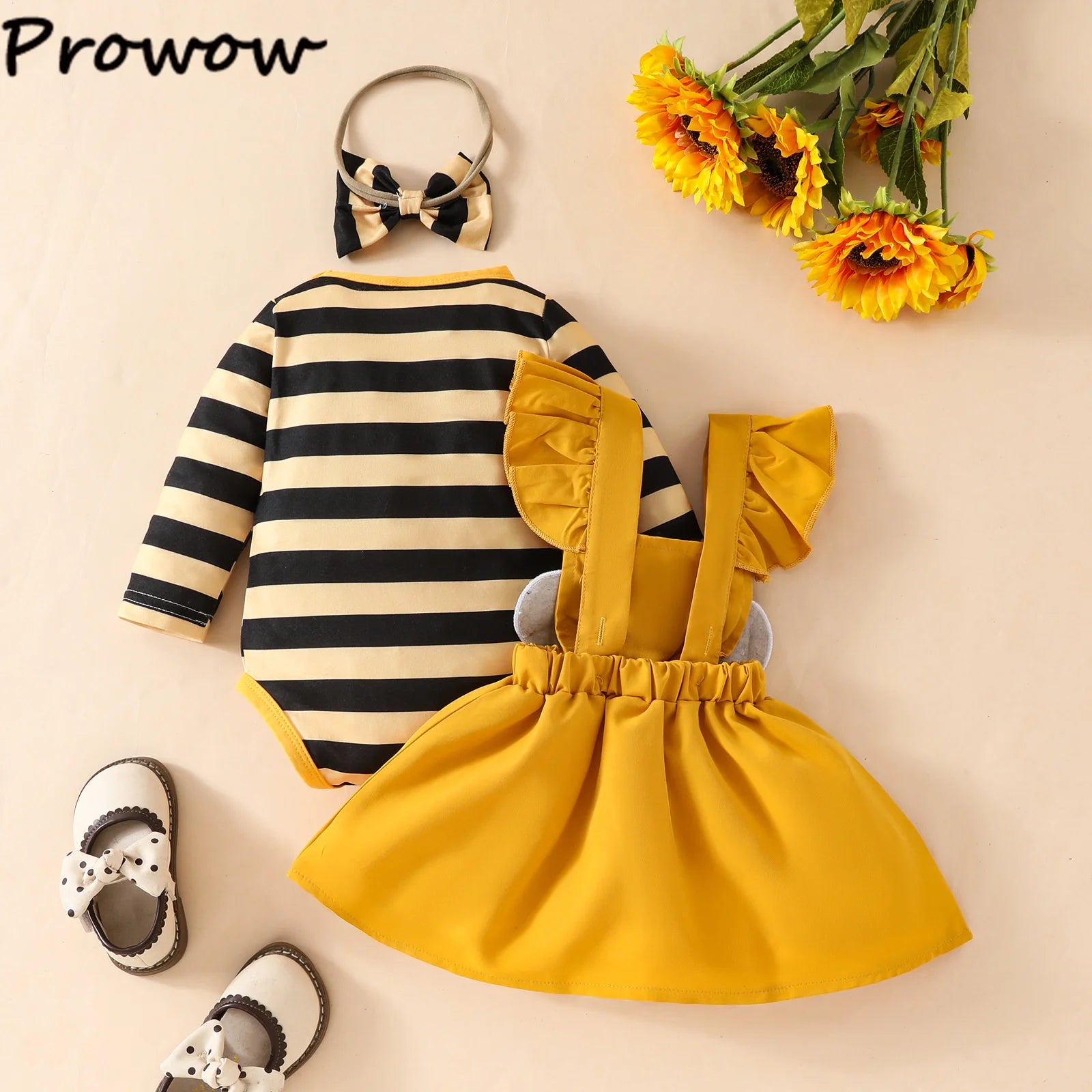 Prowow Toddler Baby Girl Clothes Fall Winter Long Sleeve Yellow Stripes Romper Bee Costume Dress 3pcs Newborn Birth Girl Set