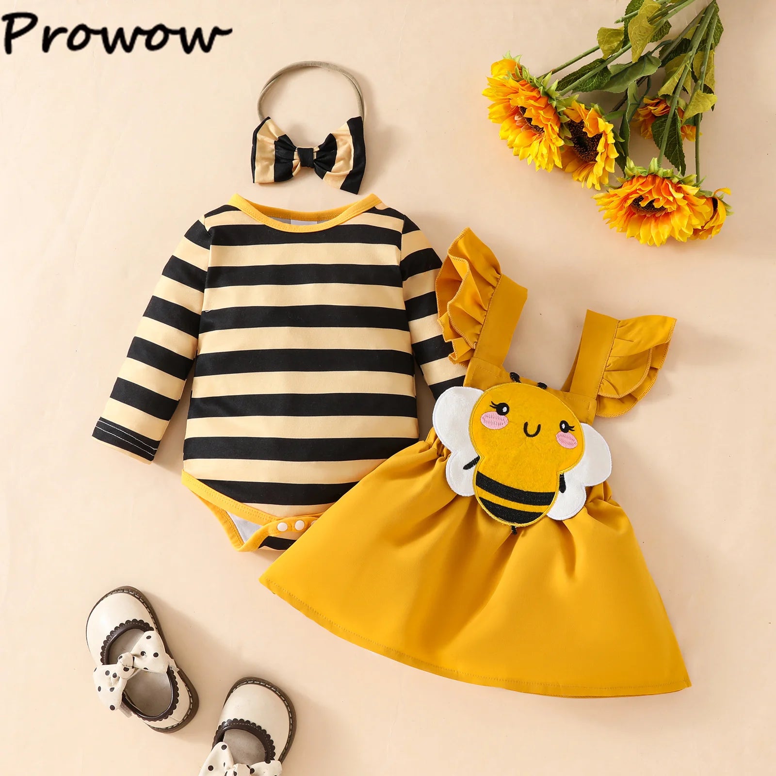 Prowow Toddler Baby Girl Clothes Fall Winter Long Sleeve Yellow Stripes Romper Bee Costume Dress 3pcs Newborn Birth Girl Set