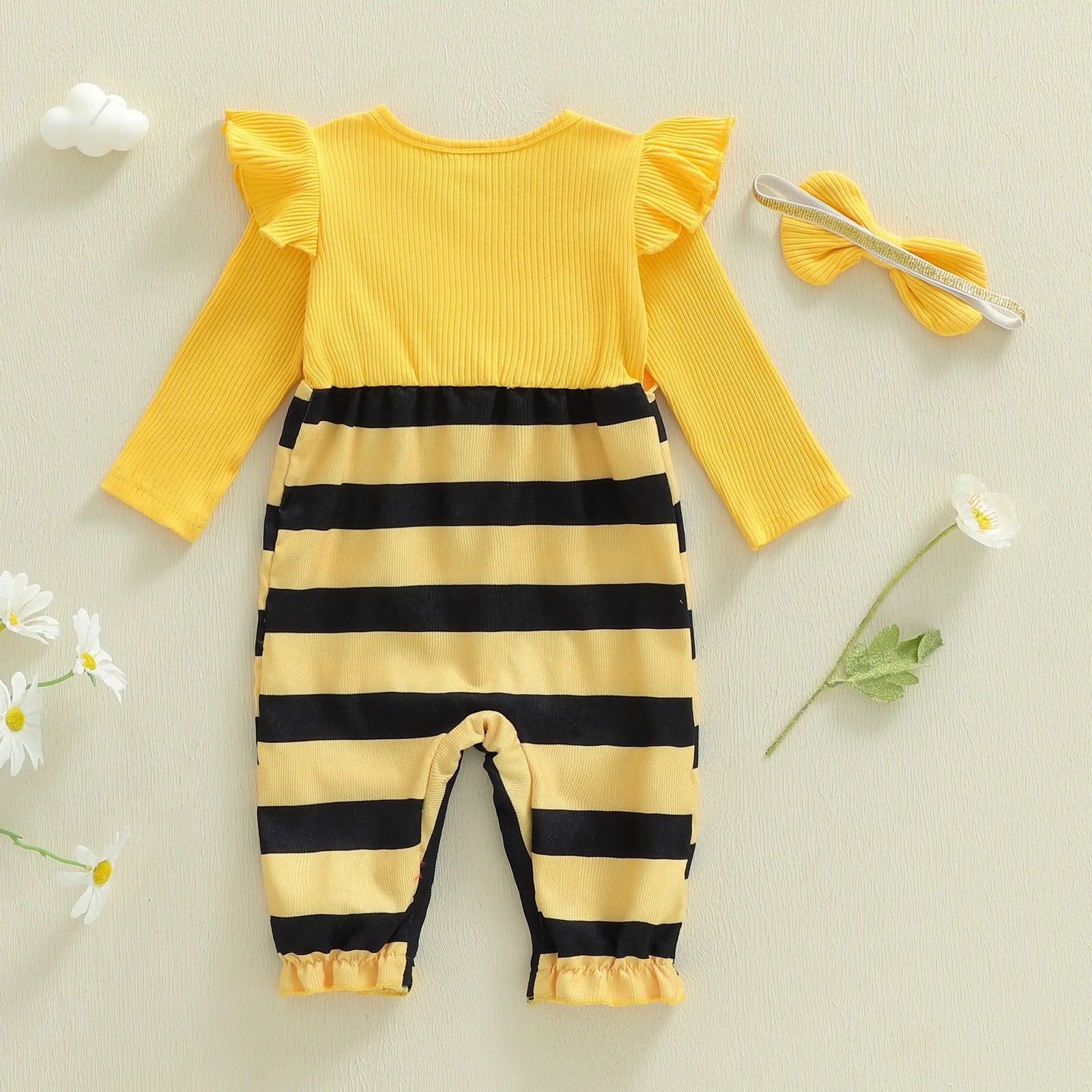 Tregren Infant Baby Girl Jumpsuit Spring Outfits Bee Themed Cute Crew Neck Long Sleeve Romper and Bow Headband 2 Pcs Set